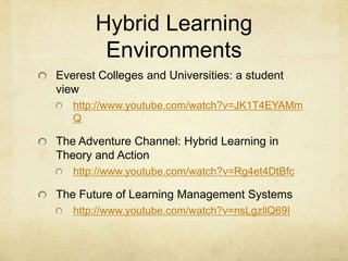 Hybrid Learning EnvironmentsEverest Colleges and Universities: a student viewhttp://www.youtube.com/watch?v=JK1T4EYAMmQThe Adventure Channel: Hybrid Learning in Theory and Actionhttp://www.youtube.com/watch?v=Rg4et4DtBfcThe Future of Learning Management Systemshttp://www.youtube.com/watch?v=nsLgzllQ69I