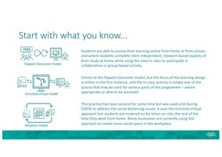 Start with what you know...
Flipped Classroom model
Enriched virtual model
Rotation model
Students are able to access their learning online from home or from school,
and where students complete their independent, research based aspects of
their study at home while using the time in class to participate in
collaborative or group-based activity
Similar to the flipped classroom model, but the focus of the learning design
is online in the first instance, and the in-class activity is simply one of the
spaces that may be used for various parts of the programme – where
appropriate or able to be accessed.
This practice has been around for some time but was used a lot during
COVID to address the social distancing issues. It uses the enriched virtual
approach but students are rostered on for times on-site, the rest of the
time they work from home. Many businesses are currently using this
approach to create more social space in the workplace.
 