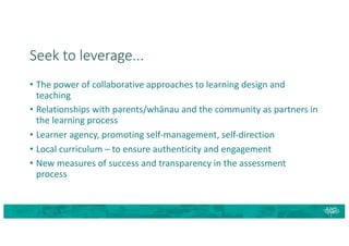 Seek to leverage...
• The power of collaborative approaches to learning design and
teaching
• Relationships with parents/whānau and the community as partners in
the learning process
• Learner agency, promoting self-management, self-direction
• Local curriculum – to ensure authenticity and engagement
• New measures of success and transparency in the assessment
process
 