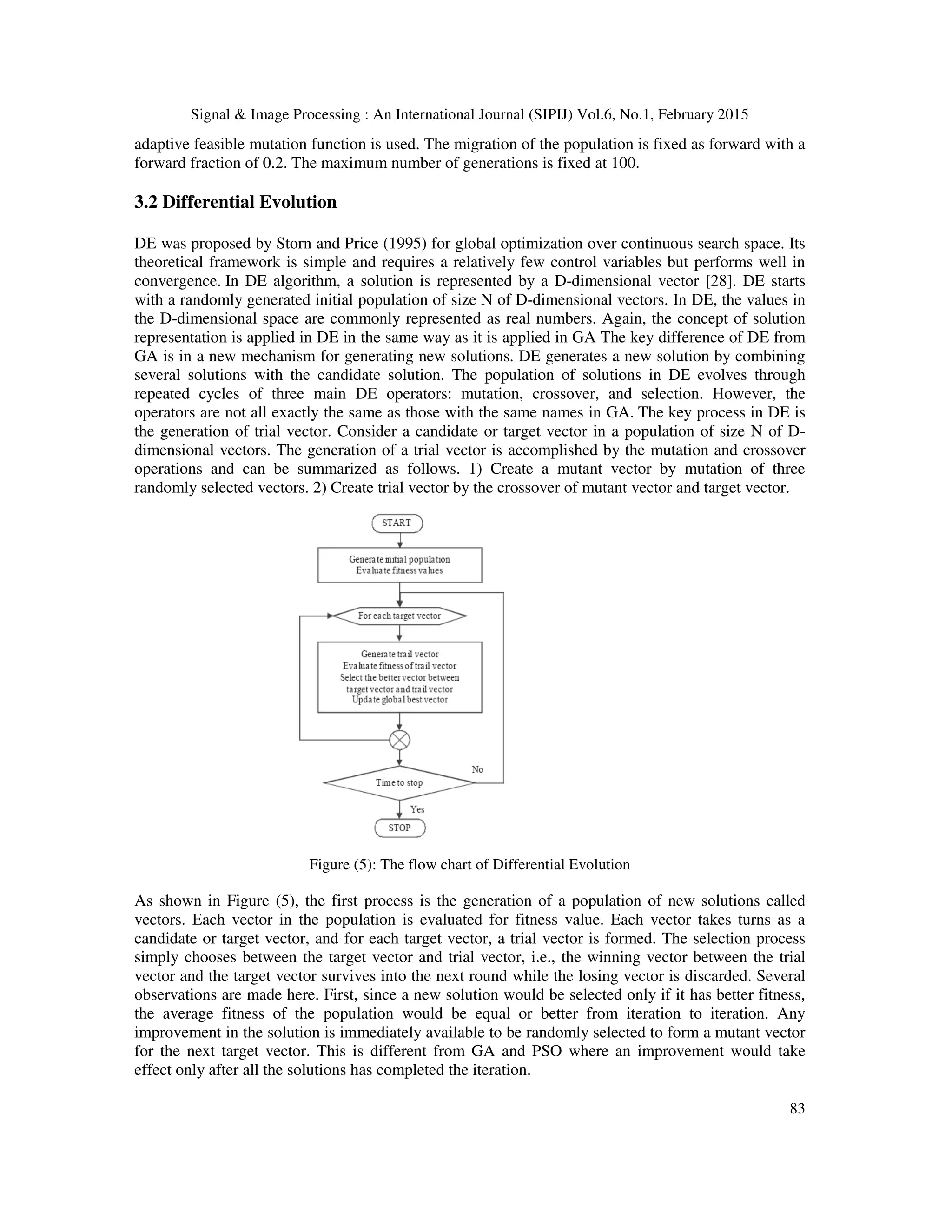 Signal & Image Processing : An International Journal (SIPIJ) Vol.6, No.1, February 2015 adaptive feasible mutation function is used. The migration of the population is fixed as forward with a forward fraction of 0.2. The maximum number of generations is fixed at 100. 3.2 Differential Evolution DE was proposed by Storn and Price (1995) for global optimization over continuous search space. Its theoretical framework is simple and requires a relatively few control variables but performs well in convergence. In DE algorithm, a solution is represent with a randomly generated initial population of size N of D the D-dimensional space are commonly represented as real numbers. Again, the concept of solution representation is applied in DE in the same way as it is applied in GA GA is in a new mechanism for generating new solutions. DE generates several solutions with the candidate solution. The population of soluti repeated cycles of three main DE operators operators are not all exactly the same as those with the same names in GA. the generation of trial vector. Consi dimensional vectors. The generation of a trial vector is accomplished by the mutation and crossover operations and can be summarized as follow randomly selected vectors. 2) Create trial vector by the crossover of mutant vector and target vector. Figure (5): The flow chart of Differential Evolution As shown in Figure (5), the first process is the generation of a population of vectors. Each vector in the population is evaluated for fitness value. Each vector takes turns as a candidate or target vector, and for each target vector, a trial vector is formed. The selection process simply chooses between the target vector and trial vector, i.e., the winning vector between the trial vector and the target vector survives into the next round while the losing vector is discarded. observations are made here. First, since a new solution would be selected only if the average fitness of the population would be equal or better from iteration to iteration. Any improvement in the solution is immediately available to be randomly selected to form for the next target vector. This is effect only after all the solutions has completed the iteration. Processing : An International Journal (SIPIJ) Vol.6, No.1, February 2015 adaptive feasible mutation function is used. The migration of the population is fixed as forward with a forward fraction of 0.2. The maximum number of generations is fixed at 100. DE was proposed by Storn and Price (1995) for global optimization over continuous search space. Its theoretical framework is simple and requires a relatively few control variables but performs well in In DE algorithm, a solution is represented by a D-dimensional vector [28]. DE starts with a randomly generated initial population of size N of D-dimensional vectors. In DE, the values in dimensional space are commonly represented as real numbers. Again, the concept of solution on is applied in DE in the same way as it is applied in GA The key difference of DE from GA is in a new mechanism for generating new solutions. DE generates a new solution by combining candidate solution. The population of solutions in DE evolves through repeated cycles of three main DE operators: mutation, crossover, and selection. However, the operators are not all exactly the same as those with the same names in GA. The key process in DE is the generation of trial vector. Consider a candidate or target vector in a population of size N of D he generation of a trial vector is accomplished by the mutation and crossover operations and can be summarized as follows. 1) Create a mutant vector by mutation of three Create trial vector by the crossover of mutant vector and target vector. Figure (5): The flow chart of Differential Evolution As shown in Figure (5), the first process is the generation of a population of new solutions called vectors. Each vector in the population is evaluated for fitness value. Each vector takes turns as a candidate or target vector, and for each target vector, a trial vector is formed. The selection process et vector and trial vector, i.e., the winning vector between the trial vector and the target vector survives into the next round while the losing vector is discarded. observations are made here. First, since a new solution would be selected only if it has better fitness, the average fitness of the population would be equal or better from iteration to iteration. Any improvement in the solution is immediately available to be randomly selected to form a for the next target vector. This is different from GA and PSO where an improvement would take effect only after all the solutions has completed the iteration. Processing : An International Journal (SIPIJ) Vol.6, No.1, February 2015 83 adaptive feasible mutation function is used. The migration of the population is fixed as forward with a DE was proposed by Storn and Price (1995) for global optimization over continuous search space. Its theoretical framework is simple and requires a relatively few control variables but performs well in dimensional vector [28]. DE starts dimensional vectors. In DE, the values in dimensional space are commonly represented as real numbers. Again, the concept of solution The key difference of DE from new solution by combining ons in DE evolves through and selection. However, the The key process in DE is der a candidate or target vector in a population of size N of D- he generation of a trial vector is accomplished by the mutation and crossover Create a mutant vector by mutation of three Create trial vector by the crossover of mutant vector and target vector. new solutions called vectors. Each vector in the population is evaluated for fitness value. Each vector takes turns as a candidate or target vector, and for each target vector, a trial vector is formed. The selection process et vector and trial vector, i.e., the winning vector between the trial vector and the target vector survives into the next round while the losing vector is discarded. Several it has better fitness, the average fitness of the population would be equal or better from iteration to iteration. Any a mutant vector different from GA and PSO where an improvement would take 