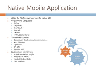 Native Mobile Application
   Utilize the Platform/Vendor Specific Native SDK
   Programming Languages
       C/C++
       Objective-C
       Java/Dalvik
       Java/ME
       C#/.NET
       HTML/CSS/JavaScript
   Frameworks/Libraries
       CocoaTouch, CoreGraphics, CoreAnimation, …
       WPF, Silverlight                                        Web
       OpenGL/ES                                              Browser
       QT, GTK
       Symbian WRT
                                                      Native
   Development Environment                            SDK
       Eclipse with various plugins
       Andorid SDK / NDK                                             Mobile
       Xcode/OSX, DashCode                                              Device
       GCC toolchain
 