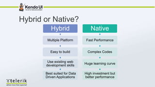 Hybrid or Native?
          Hybrid                 Native
        Multiple Platform      Fast Performance


          Easy...