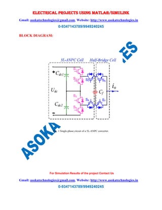 ELECTRICAL PROJECTS USING MATLAB/SIMULINK
Gmail: asokatechnologies@gmail.com, Website: http://www.asokatechnologies.in
0-9347143789/9949240245
For Simulation Results of the project Contact Us
Gmail: asokatechnologies@gmail.com, Website: http://www.asokatechnologies.in
0-9347143789/9949240245
BLOCK DIAGRAM:
Fig. 1 Single-phase circuit of a 5L-ANPC converter.
 