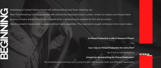 BEGINNINGSimplifying 3d Content Making started with software like Bryc3d, Poser, Sketchup, etc.
Real-Time Rendering Technology started with software like Reallusion iClone, Lumion, Unreal, Cry Engine, and Unity3d Game
Engines. Unreal is ahead of the race pushing the limits, making the tools available for Film and 3d content.
Recent pandemic helped artists to explore Unreal Engine capabilities. This exploration brought confidence to the movie makers.
HYBRID
MOVIES
Is Virtual Production is still in Research Phase?
Yes
Can I rely on Virtual Production for every film?
No, It has its own limitations.
Unreal can do everything for Virtual Production?
No, Creativity plays the key role in using the tool with a proper team and effective supervision.
 