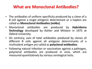 What are Monoclonal Antibodies?
• The antibodies of uniform specificity produced by a clone of a
B cell against a single antigenic determinant or a hapten are
called as Monoclonal Antibodies (mAbs).
• Monoclonal antibodies are produced by Hybridoma
Technology developed by Kohler and Milstein in 1975 at
Oxford University
• On contrary, sum of total antibodies produced by clones of
different B cells against all antigenic determinants of a
multivalent antigen are called as polyclonal antibodies.
• Following natural infection or vaccination against a pathogen,
polyclonal antibodies are produced in vivio, which are
measured quantitatively by various serological tests.
 