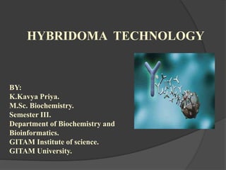HYBRIDOMA TECHNOLOGY
BY:
K.Kavya Priya.
M.Sc. Biochemistry.
Semester III.
Department of Biochemistry and
Bioinformatics.
GITAM Institute of science.
GITAM University.
 