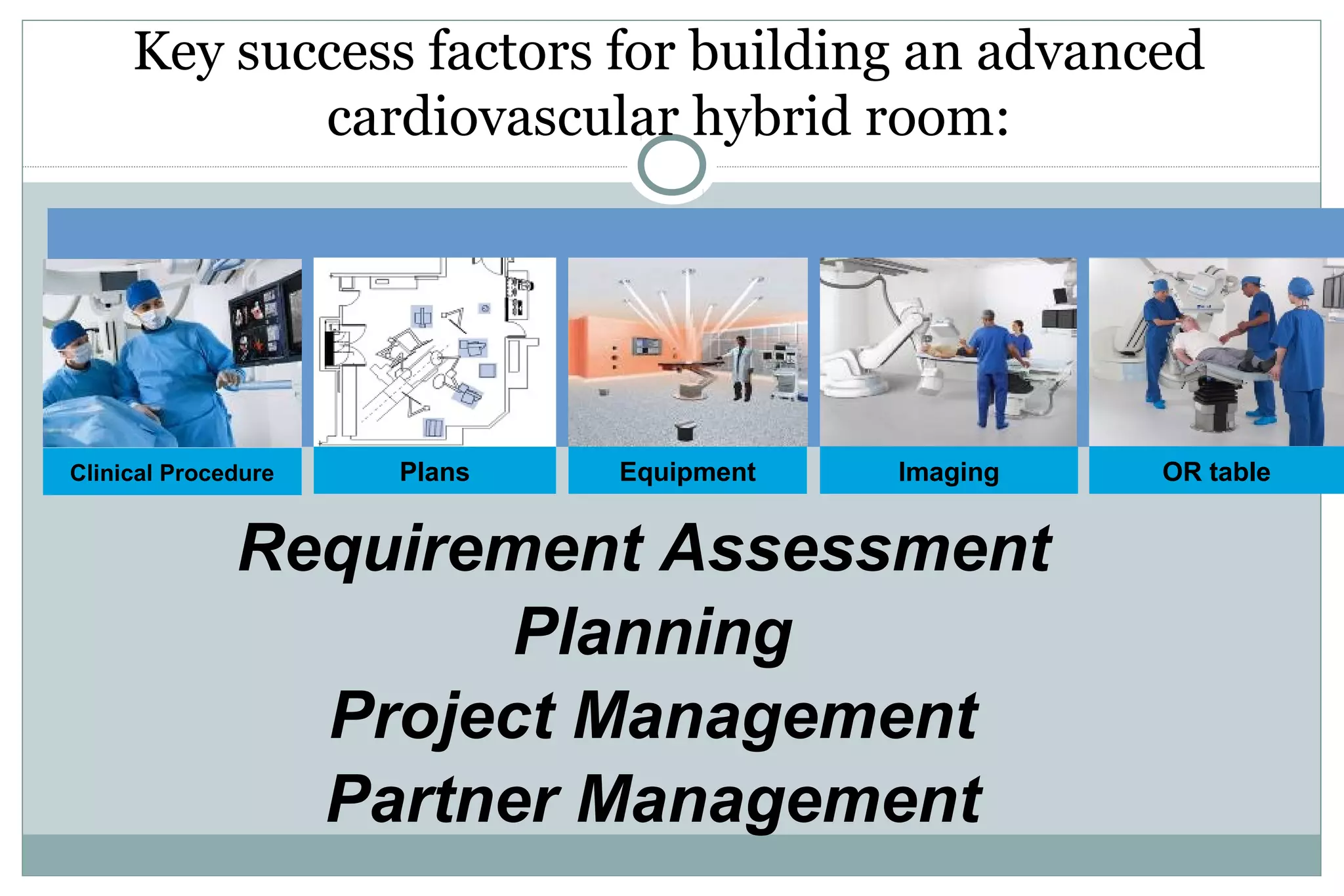 Plans Equipment Imaging OR table
Key success factors for building an advanced
cardiovascular hybrid room:
Clinical Procedure
Requirement Assessment
Planning
Project Management
Partner Management
 
