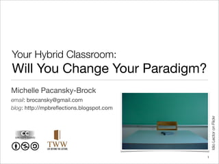 Your Hybrid Classroom:
Will You Change Your Paradigm?
Michelle Pacansky-Brock
email: brocansky@gmail.com
blog: http://mpbreﬂections.blogspot.com




                                              Idio Lector on Flickr
                                          1
 