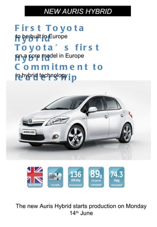 NEW AURIS HYBRID   The new Auris Hybrid starts production on Monday 14 th  June First Toyota hybrid to be built in Europe Toyota’s first hybrid on a core model in Europe Commitment to leadership in hybrid technology 