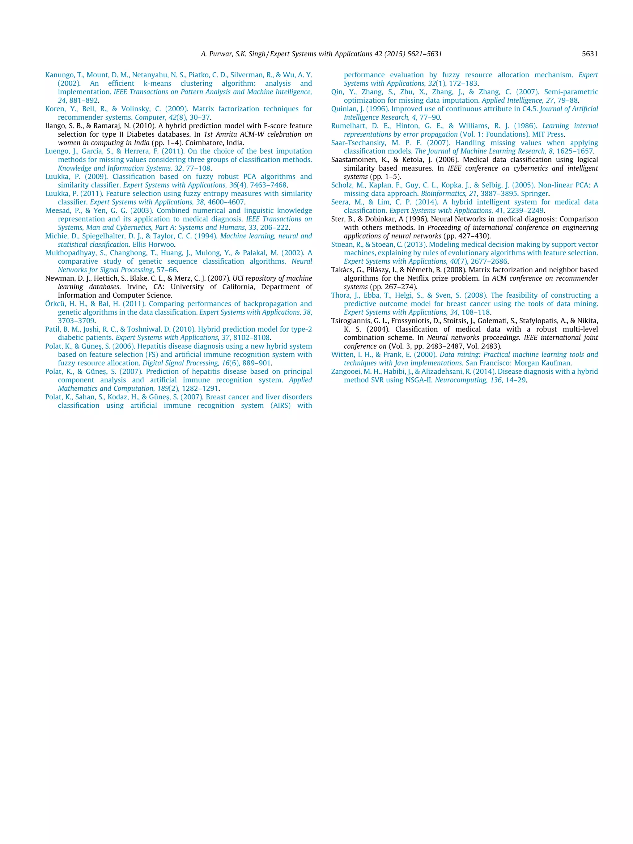 Kanungo, T., Mount, D. M., Netanyahu, N. S., Piatko, C. D., Silverman, R.,  Wu, A. Y.
(2002). An efﬁcient k-means clustering algorithm: analysis and
implementation. IEEE Transactions on Pattern Analysis and Machine Intelligence,
24, 881–892.
Koren, Y., Bell, R.,  Volinsky, C. (2009). Matrix factorization techniques for
recommender systems. Computer, 42(8), 30–37.
llango, S. B.,  Ramaraj, N. (2010). A hybrid prediction model with F-score feature
selection for type II Diabetes databases. In 1st Amrita ACM-W celebration on
women in computing in India (pp. 1–4). Coimbatore, India.
Luengo, J., García, S.,  Herrera, F. (2011). On the choice of the best imputation
methods for missing values considering three groups of classiﬁcation methods.
Knowledge and Information Systems, 32, 77–108.
Luukka, P. (2009). Classiﬁcation based on fuzzy robust PCA algorithms and
similarity classiﬁer. Expert Systems with Applications, 36(4), 7463–7468.
Luukka, P. (2011). Feature selection using fuzzy entropy measures with similarity
classiﬁer. Expert Systems with Applications, 38, 4600–4607.
Meesad, P.,  Yen, G. G. (2003). Combined numerical and linguistic knowledge
representation and its application to medical diagnosis. IEEE Transactions on
Systems, Man and Cybernetics, Part A: Systems and Humans, 33, 206–222.
Michie, D., Spiegelhalter, D. J.,  Taylor, C. C. (1994). Machine learning, neural and
statistical classiﬁcation. Ellis Horwoo.
Mukhopadhyay, S., Changhong, T., Huang, J., Mulong, Y.,  Palakal, M. (2002). A
comparative study of genetic sequence classiﬁcation algorithms. Neural
Networks for Signal Processing, 57–66.
Newman, D. J., Hettich, S., Blake, C. L.,  Merz, C. J. (2007). UCI repository of machine
learning databases. Irvine, CA: University of California, Department of
Information and Computer Science.
Örkcü, H. H.,  Bal, H. (2011). Comparing performances of backpropagation and
genetic algorithms in the data classiﬁcation. Expert Systems with Applications, 38,
3703–3709.
Patil, B. M., Joshi, R. C.,  Toshniwal, D. (2010). Hybrid prediction model for type-2
diabetic patients. Expert Systems with Applications, 37, 8102–8108.
Polat, K.,  Günesß, S. (2006). Hepatitis disease diagnosis using a new hybrid system
based on feature selection (FS) and artiﬁcial immune recognition system with
fuzzy resource allocation. Digital Signal Processing, 16(6), 889–901.
Polat, K.,  Günesß, S. (2007). Prediction of hepatitis disease based on principal
component analysis and artiﬁcial immune recognition system. Applied
Mathematics and Computation, 189(2), 1282–1291.
Polat, K., Sahan, S., Kodaz, H.,  Günesß, S. (2007). Breast cancer and liver disorders
classiﬁcation using artiﬁcial immune recognition system (AIRS) with
performance evaluation by fuzzy resource allocation mechanism. Expert
Systems with Applications, 32(1), 172–183.
Qin, Y., Zhang, S., Zhu, X., Zhang, J.,  Zhang, C. (2007). Semi-parametric
optimization for missing data imputation. Applied Intelligence, 27, 79–88.
Quinlan, J. (1996). Improved use of continuous attribute in C4.5. Journal of Artiﬁcial
Intelligence Research, 4, 77–90.
Rumelhart, D. E., Hinton, G. E.,  Williams, R. J. (1986). Learning internal
representations by error propagation (Vol. 1: Foundations). MIT Press.
Saar-Tsechansky, M. P. F. (2007). Handling missing values when applying
classiﬁcation models. The Journal of Machine Learning Research, 8, 1625–1657.
Saastamoinen, K.,  Ketola, J. (2006). Medical data classiﬁcation using logical
similarity based measures. In IEEE conference on cybernetics and intelligent
systems (pp. 1–5).
Scholz, M., Kaplan, F., Guy, C. L., Kopka, J.,  Selbig, J. (2005). Non-linear PCA: A
missing data approach. Bioinformatics, 21, 3887–3895. Springer.
Seera, M.,  Lim, C. P. (2014). A hybrid intelligent system for medical data
classiﬁcation. Expert Systems with Applications, 41, 2239–2249.
Ster, B.,  Dobinkar, A (1996), Neural Networks in medical diagnosis: Comparison
with others methods. In Proceeding of international conference on engineering
applications of neural networks (pp. 427–430).
Stoean, R.,  Stoean, C. (2013). Modeling medical decision making by support vector
machines, explaining by rules of evolutionary algorithms with feature selection.
Expert Systems with Applications, 40(7), 2677–2686.
Takács, G., Pilászy, I.,  Németh, B. (2008). Matrix factorization and neighbor based
algorithms for the Netﬂix prize problem. In ACM conference on recommender
systems (pp. 267–274).
Thora, J., Ebba, T., Helgi, S.,  Sven, S. (2008). The feasibility of constructing a
predictive outcome model for breast cancer using the tools of data mining.
Expert Systems with Applications, 34, 108–118.
Tsirogiannis, G. L., Frossyniotis, D., Stoitsis, J., Golemati, S., Stafylopatis, A.,  Nikita,
K. S. (2004). Classiﬁcation of medical data with a robust multi-level
combination scheme. In Neural networks proceedings. IEEE international joint
conference on (Vol. 3, pp. 2483–2487, Vol. 2483).
Witten, I. H.,  Frank, E. (2000). Data mining: Practical machine learning tools and
techniques with Java implementations. San Francisco: Morgan Kaufman.
Zangooei, M. H., Habibi, J.,  Alizadehsani, R. (2014). Disease diagnosis with a hybrid
method SVR using NSGA-II. Neurocomputing, 136, 14–29.
A. Purwar, S.K. Singh / Expert Systems with Applications 42 (2015) 5621–5631 5631
 