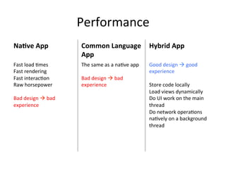 Performance	
Na$ve	App	 Common	Language	
App	
Hybrid	App	
Fast	load	4mes	
Fast	rendering	
Fast	interac4on	
Raw	horsepower	
	
Bad	design	à	bad	
experience	
	
The	same	as	a	na4ve	app	
	
Bad	design	à	bad	
experience	
Good	design	à	good	
experience	
	
Store	code	locally	
Load	views	dynamically	
Do	UI	work	on	the	main	
thread	
Do	network	opera4ons	
na4vely	on	a	background	
thread	
	
 