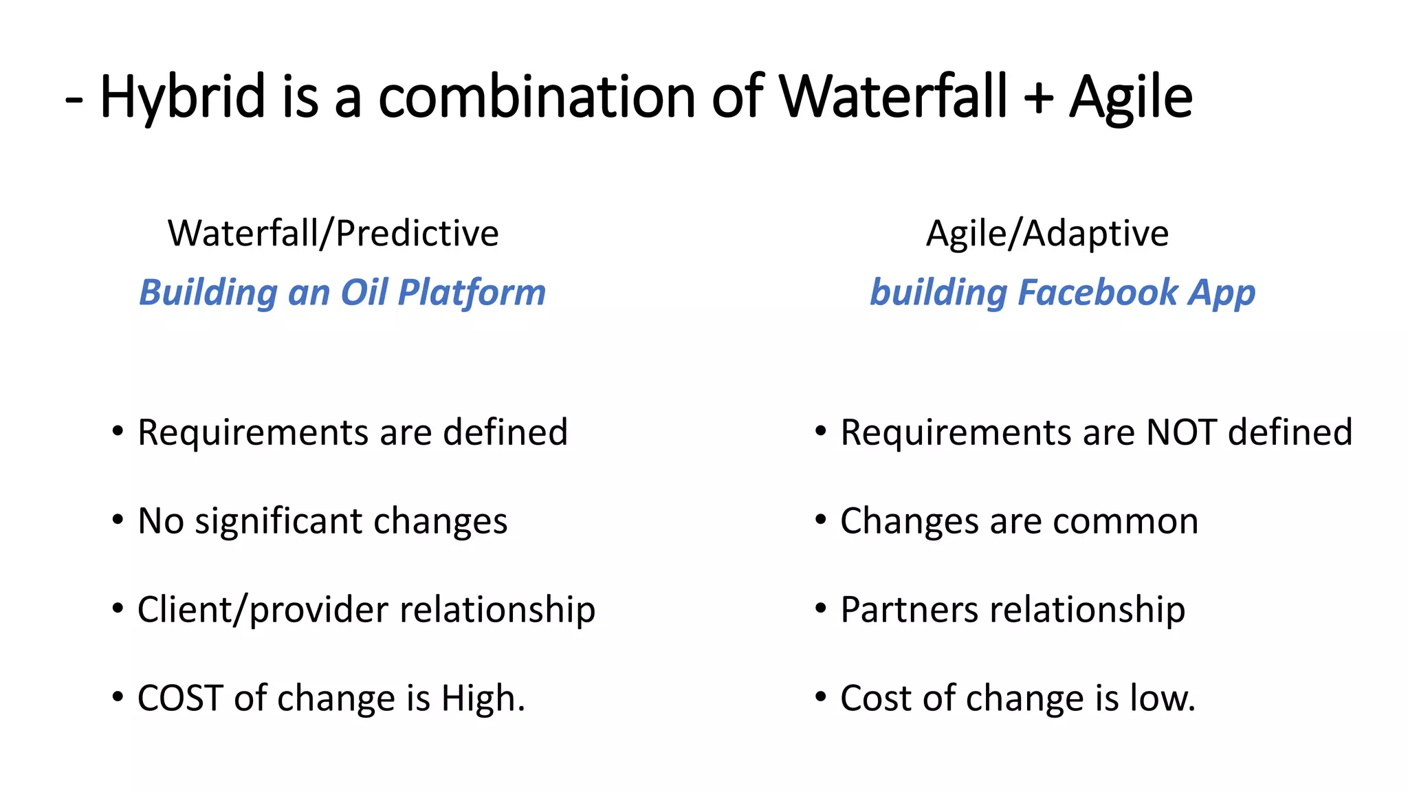 - Hybrid is a combination of Waterfall + Agile
Waterfall/Predictive
Building an Oil Platform
• Requirements are defined
• No significant changes
• Client/provider relationship
• COST of change is High.
Agile/Adaptive
building Facebook App
• Requirements are NOT defined
• Changes are common
• Partners relationship
• Cost of change is low.
 