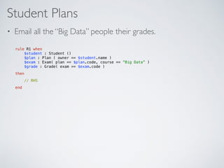 Student Plans
• Email all the “Big Data” people their grades.
rule R1 when 
$student : Student () 
$plan : Plan ( owner == $student.name ) 
$exam : Exam( plan == $plan.code, course == ”Big Data” )  
$grade : Grade( exam == $exam.code )
then
// RHS
end
 