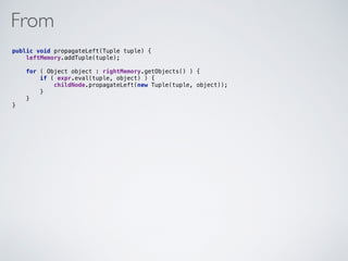 From
public void propagateLeft(Tuple tuple) { 
leftMemory.addTuple(tuple); 
for ( Object object : rightMemory.getObjects() ) { 
if ( expr.eval(tuple, object) ) { 
childNode.propagateLeft(new Tuple(tuple, object)); 
} 
} 
}
 