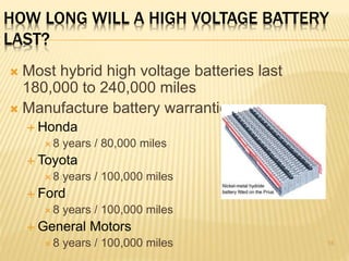 HOW LONG WILL A HIGH VOLTAGE BATTERY 
LAST? 
 Most hybrid high voltage batteries last 
180,000 to 240,000 miles 
 Manufacture battery warranties 
 Honda 
 8 years / 80,000 miles 
 Toyota 
 8 years / 100,000 miles 
 Ford 
 8 years / 100,000 miles 
 General Motors 
 8 years / 100,000 miles 15 
 