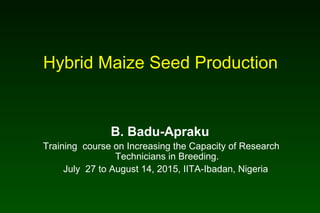 Hybrid Maize Seed Production
B. Badu-Apraku
Training course on Increasing the Capacity of Research
Technicians in Breeding.
July 27 to August 14, 2015, IITA-Ibadan, Nigeria
 
