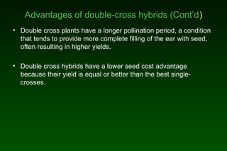 Advantages of double-cross hybrids (Cont’d)
• Double cross plants have a longer pollination period, a condition
that tends to provide more complete filling of the ear with seed,
often resulting in higher yields.
• Double cross hybrids have a lower seed cost advantage
because their yield is equal or better than the best single-
crosses.
 