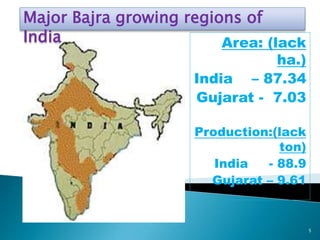 Area: (lack
ha.)
India – 87.34
Gujarat - 7.03
Production:(lack
ton)
India - 88.9
Gujarat – 9.61
5
Major Bajra growing regions of
India
 