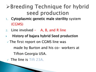 1. Cytoplasmic genetic male sterility system
(CGMS)
2. Line involved – A, B, and R line
 History of bajara hybrid Seed production
 The first report on CGMS line was
made by Burton and his co- workers at
Tifton Georgia USA.
 The line is Tift 23A.
 