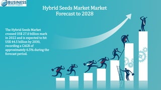 The Hybrid Seeds Market
crossed US$ 27.0 billion mark
in 2022 and is expected to hit
US$ 44.5 billion by 2030,
recording a CAGR of
approximately 6.5% during the
forecast period.
Hybrid Seeds Market Market
Forecast to 2028
 