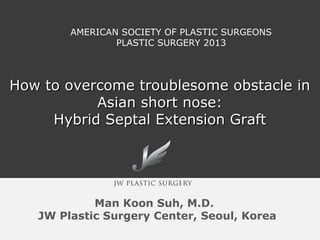 Man Koon Suh, M.D.
How to overcome troublesome obstacle inHow to overcome troublesome obstacle in
Asian short nose:Asian short nose:
Hybrid Septal Extension GraftHybrid Septal Extension Graft
JW Plastic Surgery Center, Seoul, Korea
AMERICAN SOCIETY OF PLASTIC SURGEONS
PLASTIC SURGERY 2013
 