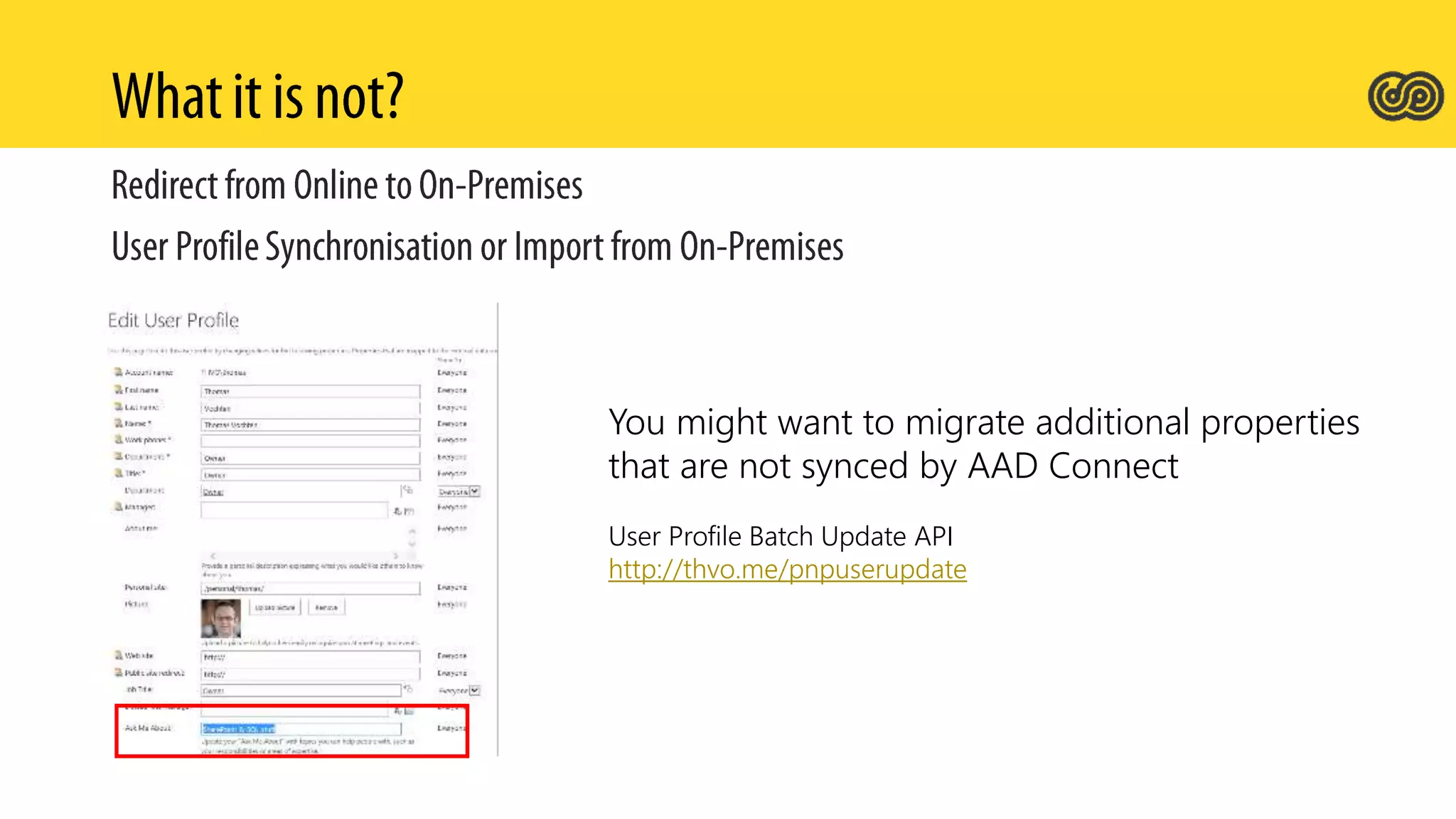 You might want to migrate additional properties
that are not synced by AAD Connect
User Profile Batch Update API
http://thvo.me/pnpuserupdate
 