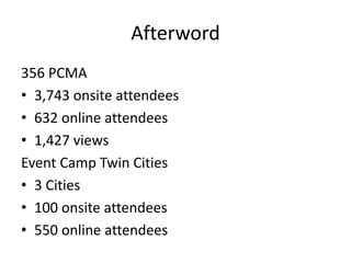 Afterword
356 PCMA
• 3,743 onsite attendees
• 632 online attendees
• 1,427 views
Event Camp Twin Cities
• 3 Cities
• 100 onsite attendees
• 550 online attendees
 