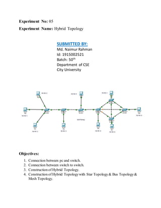 Experiment No: 05
Experiment Name: Hybrid Topology
SUBMITTED BY:
Md. Naimur Rahman
Id: 1915002521
Batch: 50th
Department of CSE
City University
Objectives:
1. Connection between pc and switch.
2. Connection between switch to switch.
3. Construction of Hybrid Topology.
4. Construction of Hybrid Topologywith Star Topology& Bus Topology&
Mesh Topology.
 