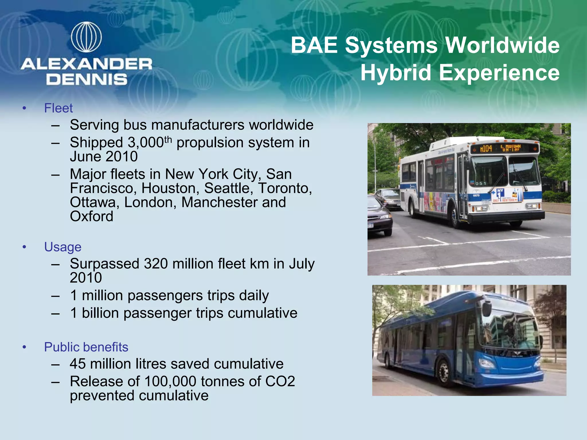 BAE Systems Worldwide
                                              Hybrid Experience
•   Fleet
     – Serving bus manufacturers worldwide
     – Shipped 3,000th propulsion system in
       June 2010
     – Major fleets in New York City, San
       Francisco, Houston, Seattle, Toronto,
       Ottawa, London, Manchester and
       Oxford

•   Usage
     – Surpassed 320 million fleet km in July
       2010
     – 1 million passengers trips daily
     – 1 billion passenger trips cumulative

•   Public benefits
     – 45 million litres saved cumulative
     – Release of 100,000 tonnes of CO2
       prevented cumulative
 