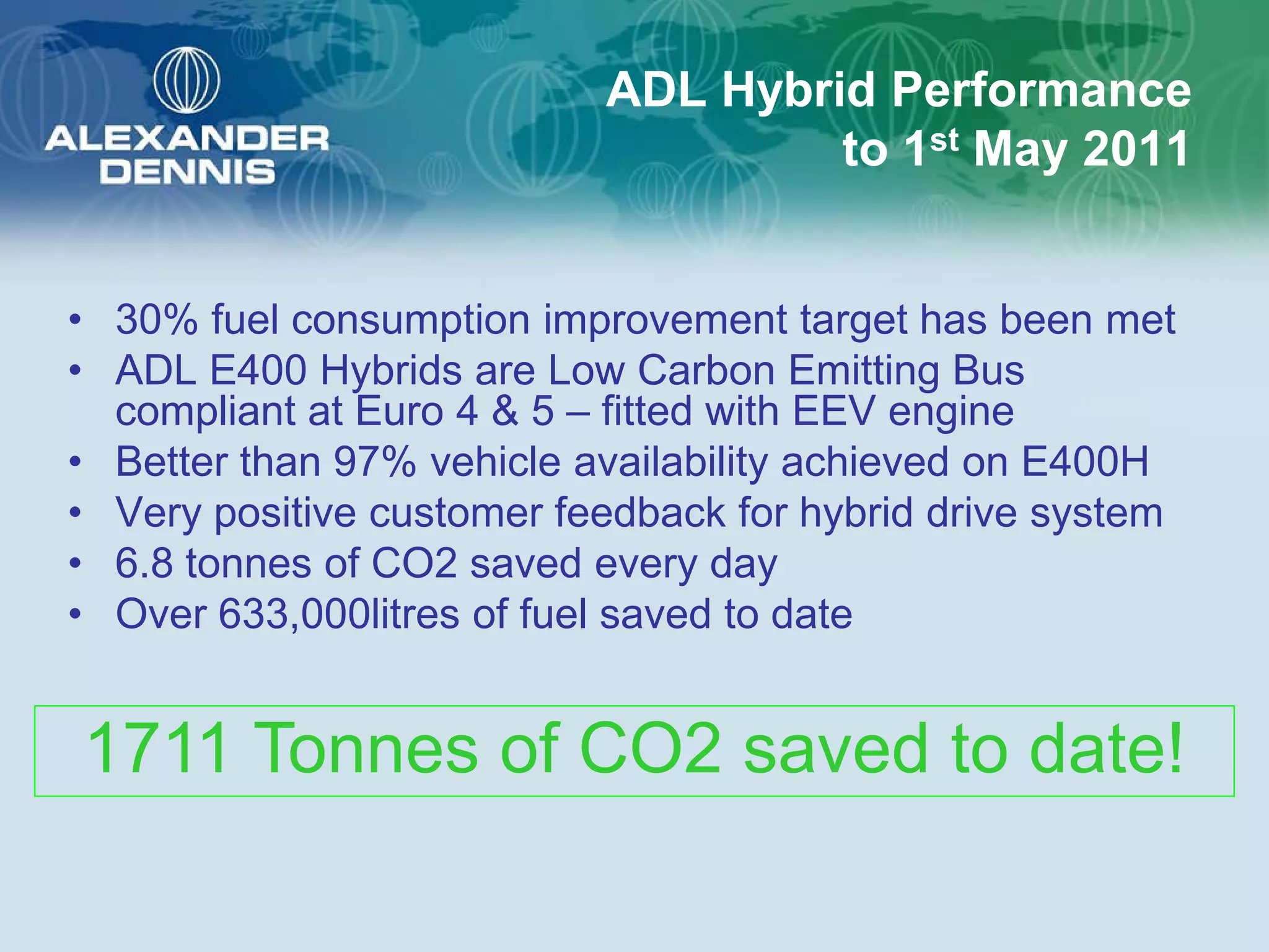 ADL Hybrid Performance
                                    to 1st May 2011


• 30% fuel consumption improvement target has been met
• ADL E400 Hybrids are Low Carbon Emitting Bus
  compliant at Euro 4 & 5 – fitted with EEV engine
• Better than 97% vehicle availability achieved on E400H
• Very positive customer feedback for hybrid drive system
• 6.8 tonnes of CO2 saved every day
• Over 633,000litres of fuel saved to date


1711 Tonnes of CO2 saved to date!
 