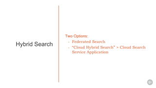 Two Options:
- Federated Search
- “Cloud Hybrid Search” > Cloud Search
Service Application
Hybrid Search
 