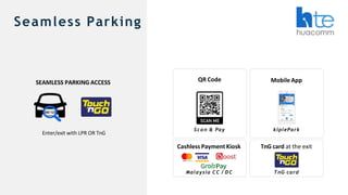 Seamless Parking
Enter/exit with LPR OR TnG
SEAMLESS PARKING ACCESS
Scan & Pay kiplePark
Cashless Payment Kiosk TnG card at the exit
QR Code Mobile App
Malaysia CC / D C TnG card
 