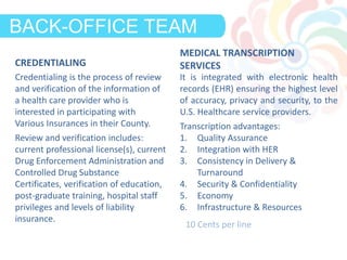 CREDENTIALING
MEDICAL TRANSCRIPTION
SERVICES
DEFINITIONBACK-OFFICE TEAM
Credentialing is the process of review
and verification of the information of
a health care provider who is
interested in participating with
Various Insurances in their County.
Review and verification includes:
current professional license(s), current
Drug Enforcement Administration and
Controlled Drug Substance
Certificates, verification of education,
post-graduate training, hospital staff
privileges and levels of liability
insurance.
It is integrated with electronic health
records (EHR) ensuring the highest level
of accuracy, privacy and security, to the
U.S. Healthcare service providers.
Transcription advantages:
1. Quality Assurance
2. Integration with HER
3. Consistency in Delivery &
Turnaround
4. Security & Confidentiality
5. Economy
6. Infrastructure & Resources
10 Cents per line
 