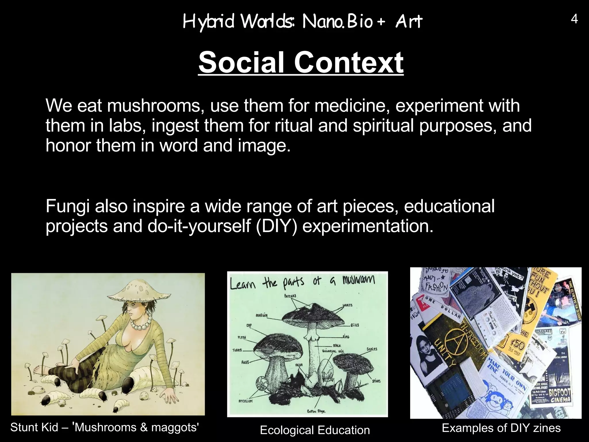 Hyb Worlds: Nano.Bio + Art
                                 rid                                                 4


                                Social Context
      We eat mushrooms, use them for medicine, experiment with
      them in labs, ingest them for ritual and spiritual purposes, and
      honor them in word and image.


      Fungi also inspire a wide range of art pieces, educational
      projects and do-it-yourself (DIY) experimentation.




Stunt Kid – 'Mushrooms & maggots'     Ecological Education   Examples of DIY zines
 