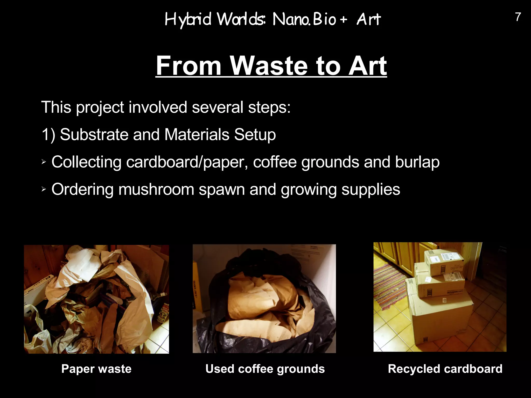 Hyb Worlds: Nano.Bio + Art
                      rid                                             7



                   From Waste to Art
This project involved several steps:
1) Substrate and Materials Setup
➢   Collecting cardboard/paper, coffee grounds and burlap
➢   Ordering mushroom spawn and growing supplies




     Paper waste        Used coffee grounds      Recycled cardboard
 
