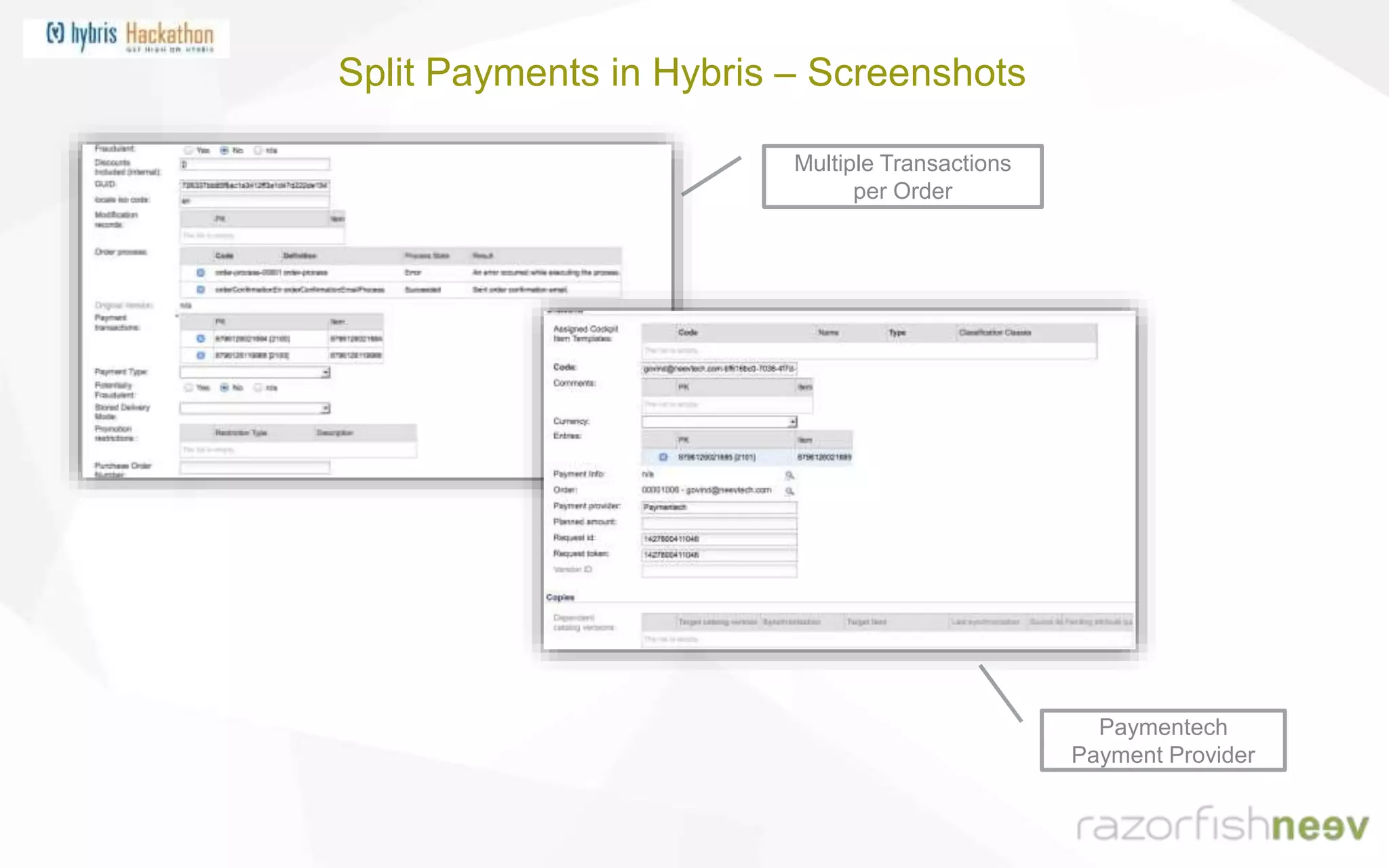 Split Payments in Hybris – Screenshots
Multiple Transactions
per Order
Paymentech
Payment Provider
 