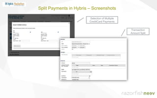 Split Payments in Hybris – Screenshots
Selection of Multiple
CreditCard Payments
Transaction
Amount Split
 