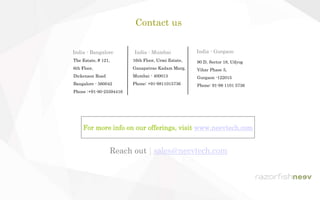 Contact us
India - Bangalore
The Estate, # 121,
6th Floor,
Dickenson Road
Bangalore - 560042
Phone :+91-80-25594416
India - Gurgaon
90 D, Sector 18, Udyog
Vihar Phase 5,
Gurgaon -122015
Phone: 91-98 1101 5736
16th Floor, Urmi Estate,
Ganapatrao Kadam Marg,
Mumbai - 400013
Phone: +91-9811015736
India - Mumbai
For more info on our offerings, visit www.neevtech.com
Reach out | sales@neevtech.com
 