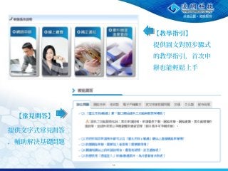 11
• 【教學指引】
提供圖文對照步驟式
的教學指引，首次申
辦也能輕鬆上手
【常見問答】
提供文字式常見問答
，輔助解決基礎問題
 