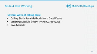 14
Mule 4 Java Working
Several ways of calling Java:
• Calling Static Java Methods from DataWeave
• Scripting Module (Ruby, Python,Groovy,JS)
• Java Module
 
