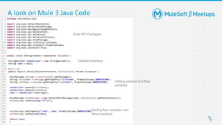 15
A look on Mule 3 Java Code
15
Mule API Packages
Callable Interface
Getting payload and flow
variables
Setting flow variables and
return payload
 