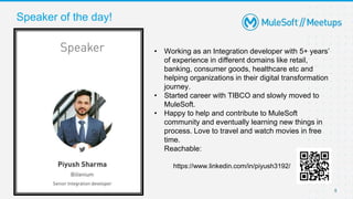 Speaker of the day!
5
• Working as an Integration developer with 5+ years’
of experience in different domains like retail,
banking, consumer goods, healthcare etc and
helping organizations in their digital transformation
journey.
• Started career with TIBCO and slowly moved to
MuleSoft.
• Happy to help and contribute to MuleSoft
community and eventually learning new things in
process. Love to travel and watch movies in free
time.
Reachable:
https://www.linkedin.com/in/piyush3192/
 