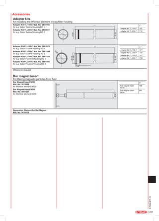Accessories
Adapter kits

for installing the Wombat element in bag filter housing
Adapter Kit TL-100-F

Ø1

Ø 160

Ø 155

78

302

Adapter Kit TL-200-F

710

L1

L1

Adapter Kit EL-100-F

18
9

Ø 155

317

Adapter Kit EL-200-F

Ø

Adapter Kit EL-100-F, Mat. No. 3683976
for e.g. Eaton Ecoline Housing BG 1
Adapter Kit EL-200-F, Mat. No. 3681844
for e.g. Eaton Ecoline Housing BG 2
Adapter Kit FL-100-F, Mat. No. 3691554
for e.g. Eaton Flowline Housing BG 1
Adapter Kit FL-200-F, Mat. No. 3691595
for e.g. Eaton Flowline Housing BG 2

L1

L1

Ø 178
Ø 160

Adapter Kit TL-100-F, Mat. No. 3674956
for e.g. Eaton Topline Housing BG 1
Adapter Kit TL-200-F, Mat. No. 3549057
for e.g. Eaton Topline Housing BG 2

720

Adapter Kit FL-100-F

317

Adapter Kit FL-200-F

720

12 45

Others on request

Bar magnet insert

for filtering magnetic particles from fluid
L1
Bar magnet insert
N100

L1
Ø 30

Bar Magnet Insert N100
Mat. No. 3633896
for Wombat element N100
Bar Magnet Insert N200
Mat. No. 3601237
for Wombat element N200

196

Bar Magnet Insert
N200

540

E 7.634.0/11.12

Separation Element for Bar Magnet
Mat. No. 3639116

251

 
