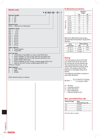 R (Resistance) factors

Model code

Aqueous
fluids

N  40  FM-S  005 - PP 1 F 

Element type
FM-S	=	 Flexmicron S (Standard)
Filtration rating
001	 =	 1 µm
003	 =	 3 µm
005	 =	 5 µm
010	 =	 10 µm
020	 =	 20 µm
030	 =	 30 µm
040	 =	 40 µm
050	 =	 50 µm
070	 =	 70 µm
090	 =	 90 µm
Filter material
PP		 =	 Polypropylene
PA		 =	 Polyamide
End cap type
0			 =	 compression ring (DOE), no cap or seal (Ø 63 mm)
1			 =	 plug-in adapter (1x 222 O-ring), flat end cap (Ø 64 mm)
2			 = 	 plug-in adapter (2x 222 O-ring), flat end cap (Ø 64 mm)
10		 =	 gasket (DOE) (Ø 63 mm)
13		 = 	 plug-in adapter (2x 222 O-ring), locating spigot (Ø 64 mm)
14		 =	 bayonet (2x 226 O-ring), locating spigot (Ø 64 mm)
others on request
Seal material
F		 =	 FPM (Viton)
N		 =	 NBR
E		 =	 EPDM

PA
274
116
42
15
11
6
3.8
1.9
1.1
0.6

1 µm
3 µm
5 µm
10 µm
20 µm
30 µm
40 µm
50 µm
70 µm
90 µm

Filtration rating

Element length
10		 =	 10"
20		 =	 20"
30		 =	 30"
40		 =	 40"

PP
321
186
132
99
54
16
12
10
8
6

Maximum differential pressure Δpmax
and permitted temperature range at the
element:
Fluid
temperature
-10..30 °C
-10...60 °C
-10...100 °C

Filter material
PP

PA
7 bar
5.5 bar
3.5 bar

4 bar
2 bar
–

Sizing

The total pressure drop of the filter
at a certain flow rate is the sum of
the housing Δp and the element Δp.
The housing pressure drop can be
determined using the pressure drop
curves. The pressure drop of the
elements is calculated using the R
factors.
The following calculation is based on
clean filter elements.

Other element types on request.
Δp [bar] =
		

R x V (mm²/s) x Q (l/min)
n x l (inch) x 1000

R	 =	R factor
V	 =	Viscosity (mm²/s)
Q	 =	Flow rate (l/min)
n	 =	No. of elements
l	 =	Element length (inch)

Max. permitted flow rate
Element length
10"
20"
30"
40"

Max.
permitted flow rate
15 l/min
30 l/min
45 l/min
60 l/min

E 7.625.0/11.10

Other flow rates on request.

240

 