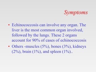 Symptoms
• Echinococcosis can involve any organ. The
liver is the most common organ involved,
followed by the lungs. These 2 organs
account for 90% of cases of echinococcosis
• Others -muscles (5%), bones (3%), kidneys
(2%), brain (1%), and spleen (1%)..
 