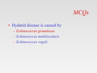 MCQs
• Hydatid disease is caused by
– Echinococcus granulosus
– Echinococcus multilocularis
– Echinococcus vogeli.
 
