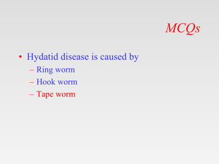 MCQs
• Hydatid disease is caused by
– Ring worm
– Hook worm
– Tape worm
 