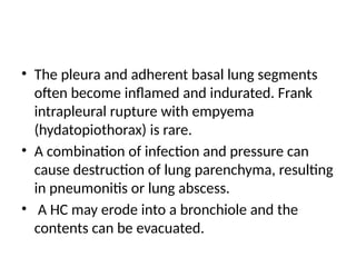 • The pleura and adherent basal lung segments
often become inflamed and indurated. Frank
intrapleural rupture with empyema
(hydatopiothorax) is rare.
• A combination of infection and pressure can
cause destruction of lung parenchyma, resulting
in pneumonitis or lung abscess.
• A HC may erode into a bronchiole and the
contents can be evacuated.
 