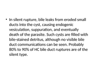 • In silent rupture, bile leaks from eroded small
ducts into the cyst, causing endogenic
vesiculation, suppuration, and eventually
death of the parasite. Such cysts are filled with
bile-stained detritus, although no visible bile
duct communications can be seen. Probably
80% to 90% of HC bile duct ruptures are of the
silent type.
 