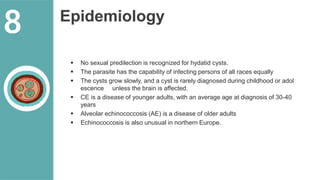 Epidemiology
 No sexual predilection is recognized for hydatid cysts.
 The parasite has the capability of infecting persons of all races equally
 The cysts grow slowly, and a cyst is rarely diagnosed during childhood or adol
escence unless the brain is affected.
 CE is a disease of younger adults, with an average age at diagnosis of 30-40
years
 Alveolar echinococcosis (AE) is a disease of older adults
 Echinococcosis is also unusual in northern Europe.
8
 